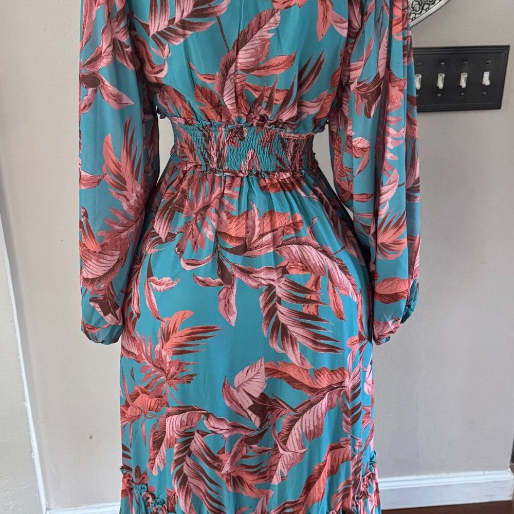 Bohme Maxi Tropical Aqua Print Knit Tiered Dress M - Picture 4 of 13